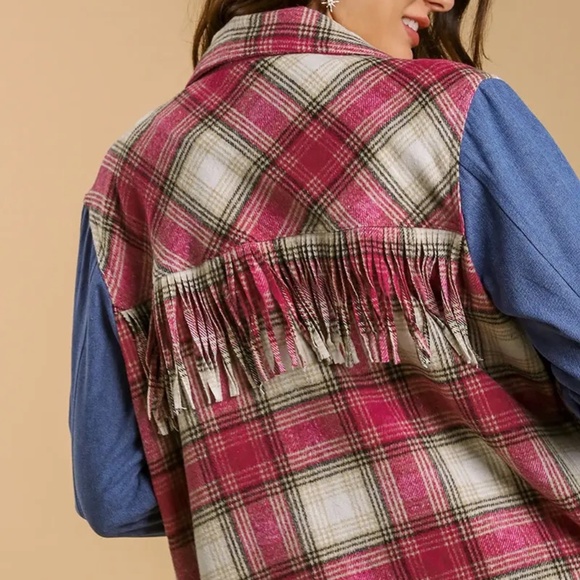 New UMGEE Plaid Flannel Fringe Shacket Magenta Pink Snap Up Denim Sleeves - Picture 6 of 13